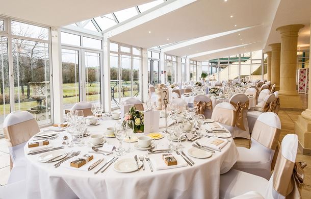 Banqueting wedding set up in Conservatory 