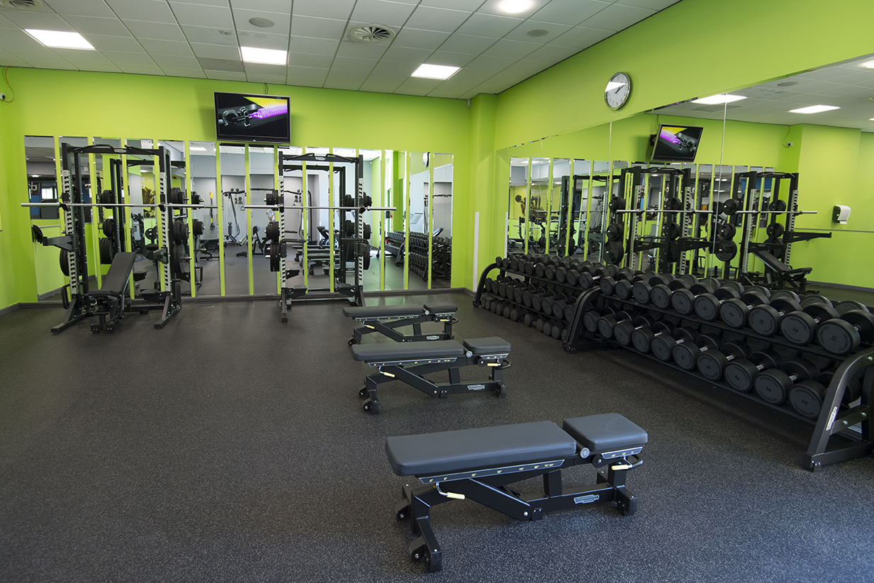 Bright gym with lime green walls, mirrors, weight racks, benches, and a TV. Weight bars and dumbbells are visible.
