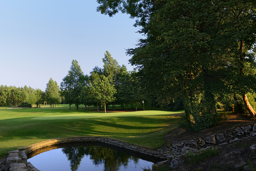 A tranquil golf course with a lush green fairway, trees, and a small stone-bordered pond under a clear blue sky.