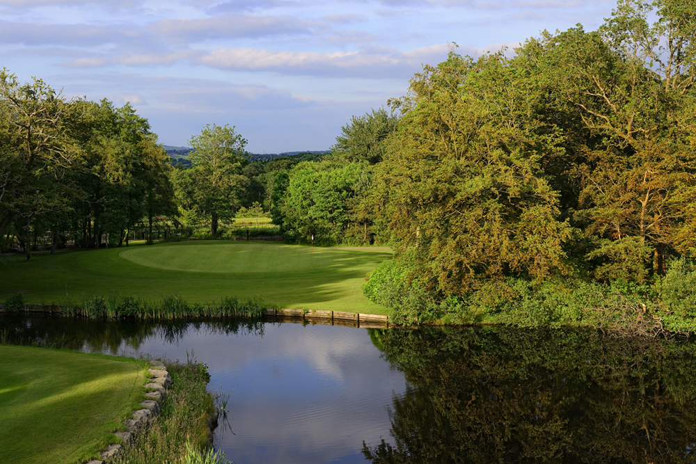 A golf course green surrounded by trees and a pond, with a clear blue sky and scattered clouds in the background.