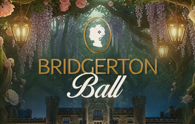 Decorative sign reading "Bridgerton Ball" with floral arches and a castle in the background.