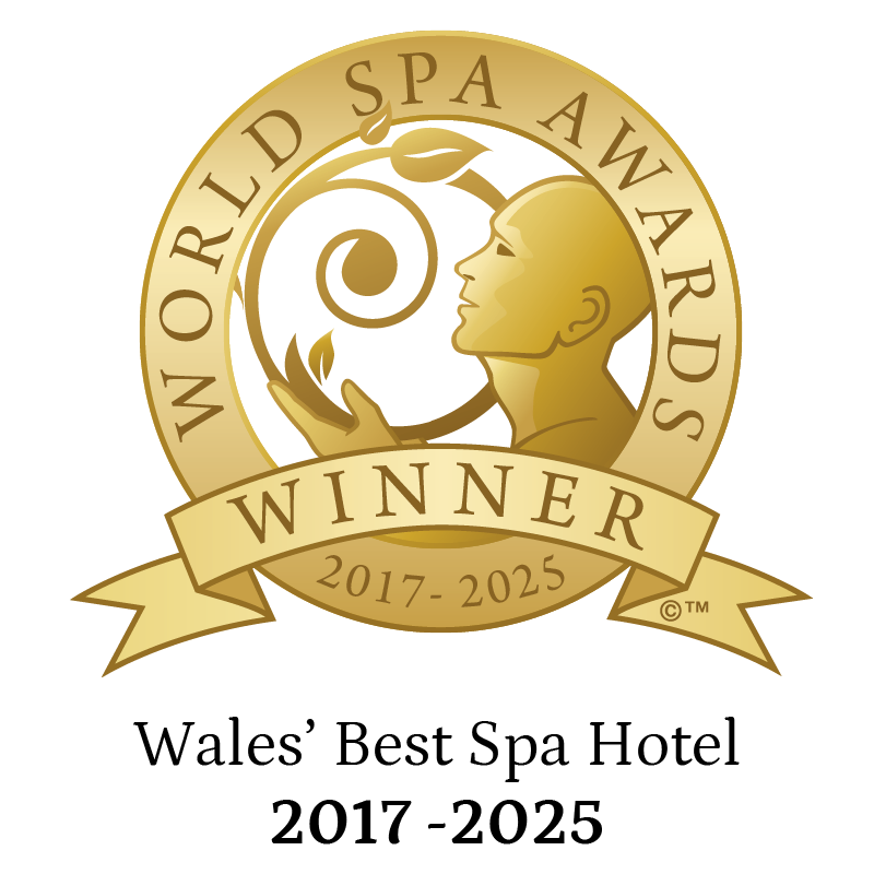 World Spa Awards gold winner badge for Wales’ Best Spa Hotel, 2017-2025—celebrating spa excellence.